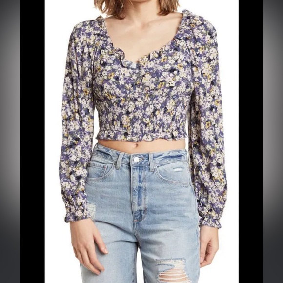Elodie Tops - Elodie Blue Floral Long Sleeve Crop Top Smocked Elastic Waist NEW Size XL